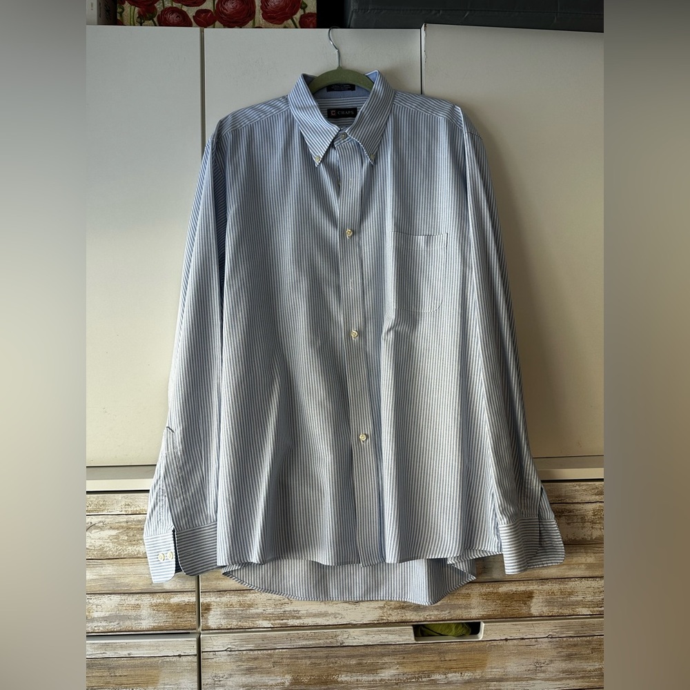 👔 Chaps Men’s 17-17½ 36/37 Blue White Stripe Classic Fit Oxford Shirt